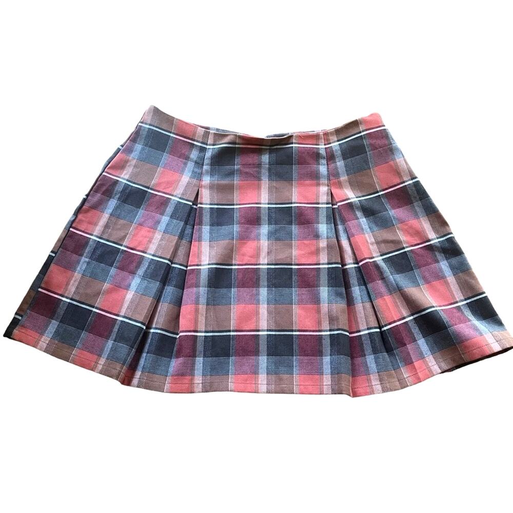 Urban Renewal Mini Tennis Skirt Women L Black Orange Plaid Pleated Skater Tennis